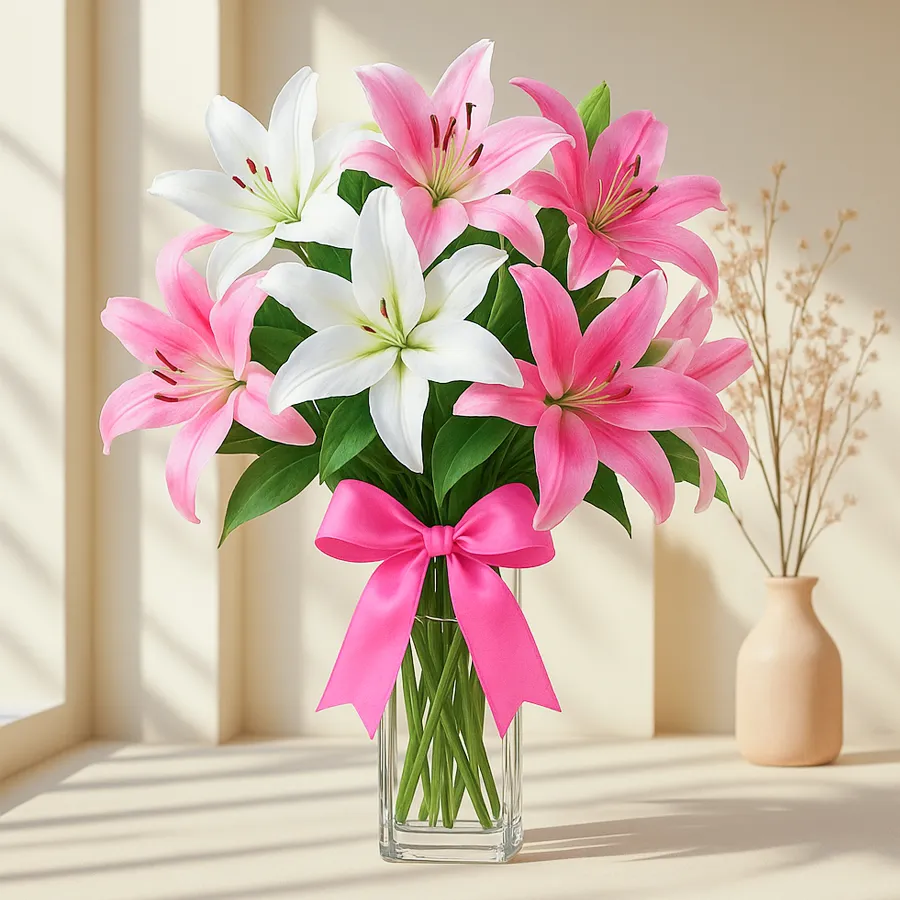 A stunning arrangement of 4 white and 4 pink lilies, perfect for expressing love and admiration.