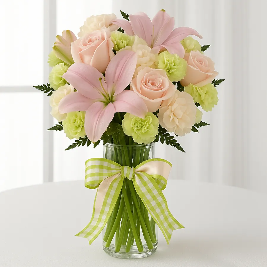 A joyful mixed flower arrangement featuring pink roses, white carnations, and pink lilies, adorned with delicate filler flowers.