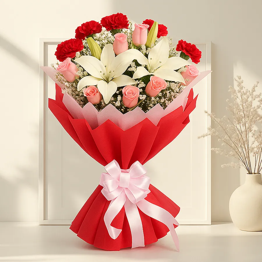 A delightful mixed flower arrangement featuring 4 red roses, 5 red carnations, and 2 white lilies, beautifully wrapped in tissue.