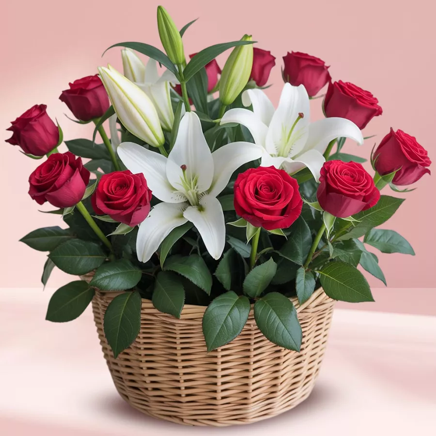 A radiant floral basket featuring 10 red roses and 3 white lilies, elegantly arranged in a wooden basket.