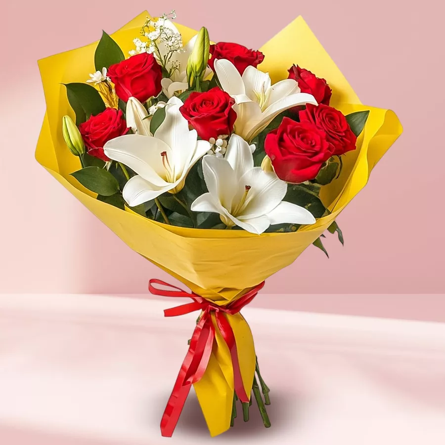 Timeless Passion Rose and Lily Bouquet featuring red roses and white lilies, elegantly tied with tissue.