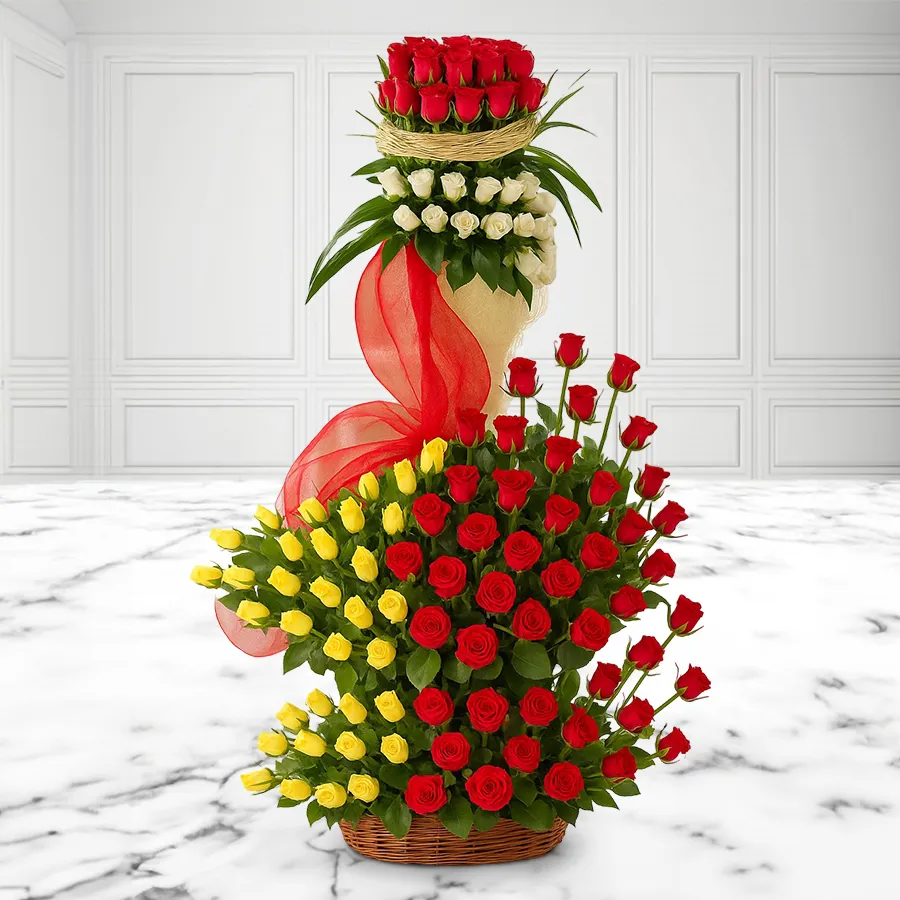 A beautiful arrangement of 60 red roses, 30 yellow and white roses, showcasing vibrant colors in a harmonious bouquet.