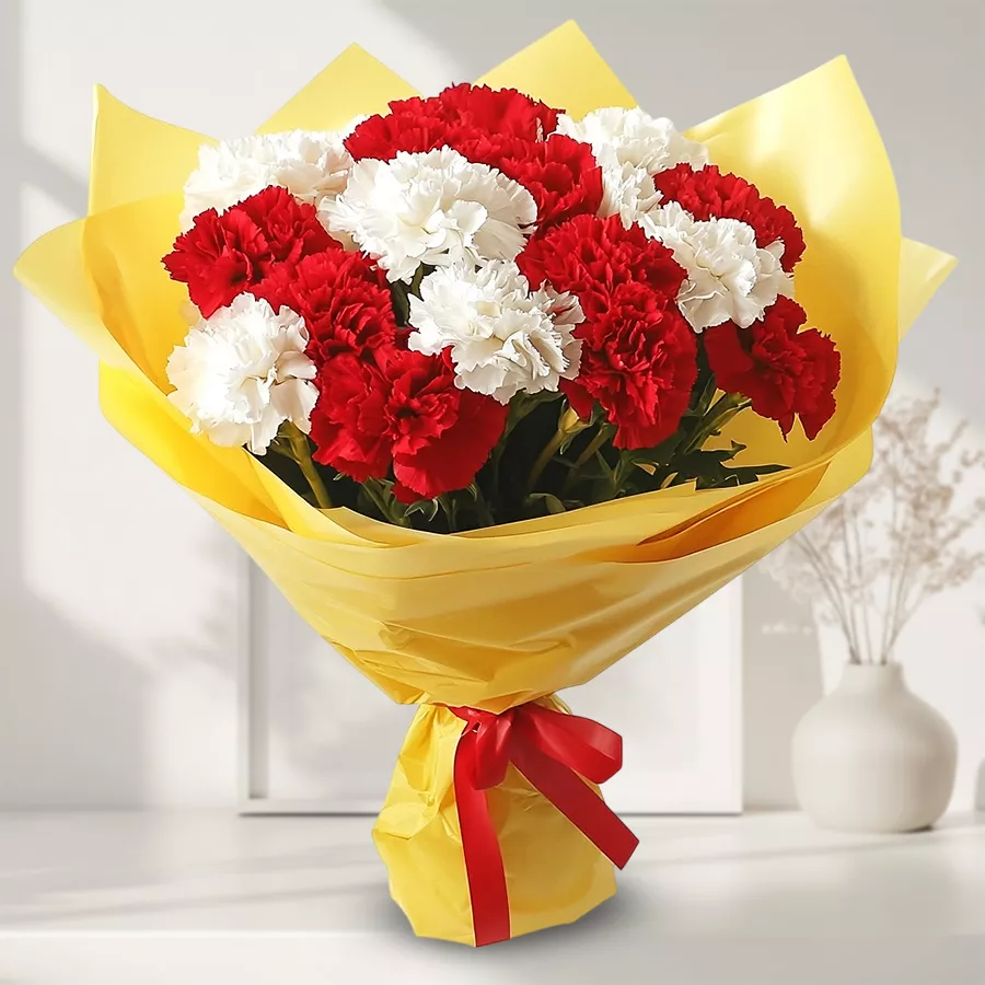 A beautiful bouquet featuring 12 red and white carnations, perfect for gifting.