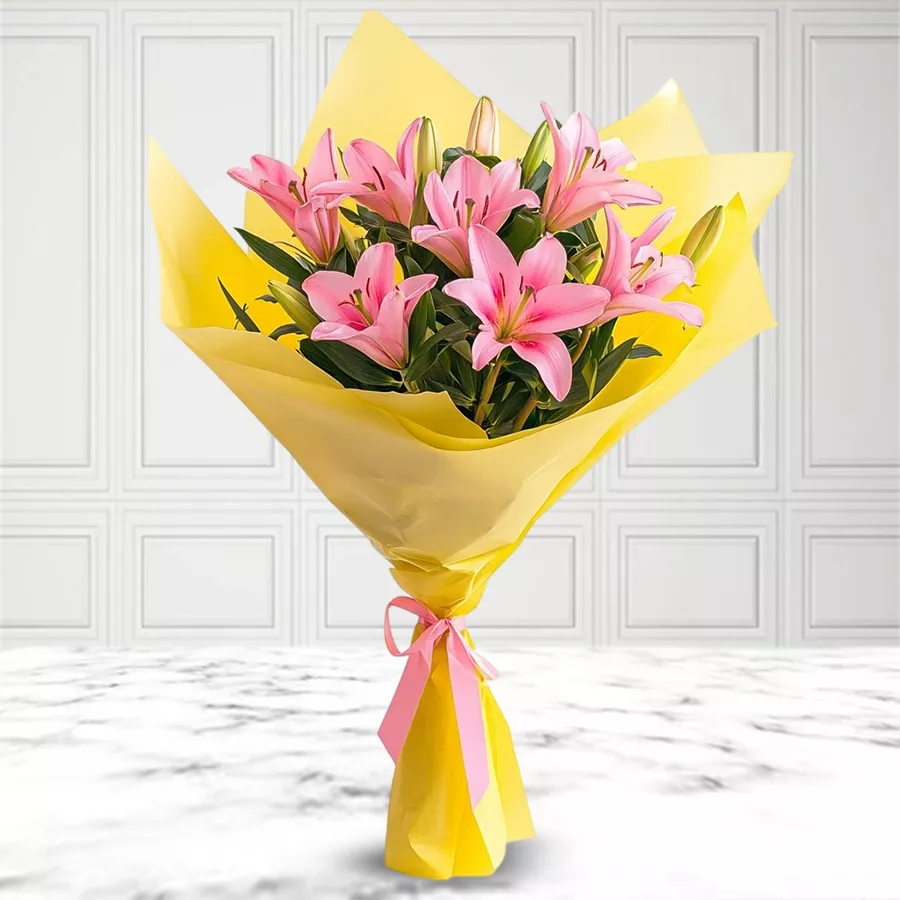 Lush arrangement of 10 Pink Oriental Lilies in an elegant bouquet.