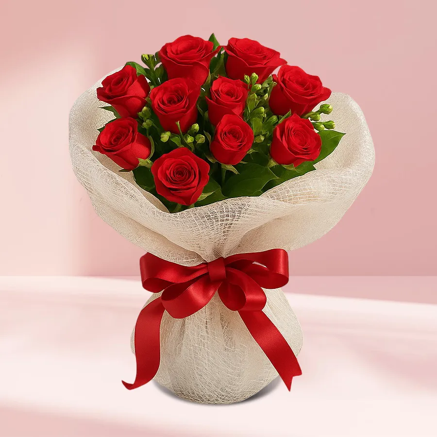 Elegant bouquet of 10 vibrant red roses designed for anniversary celebrations.