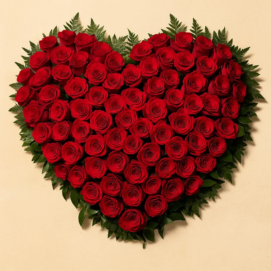 Heart-shaped arrangement of 150 vibrant red roses, symbolizing love and affection.