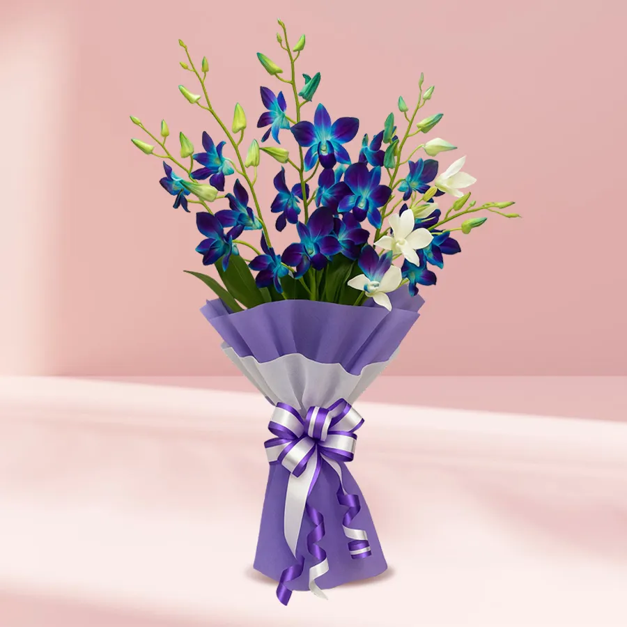 12-piece blue and white orchids bouquet with tissue wrapping, perfect for anniversaries.