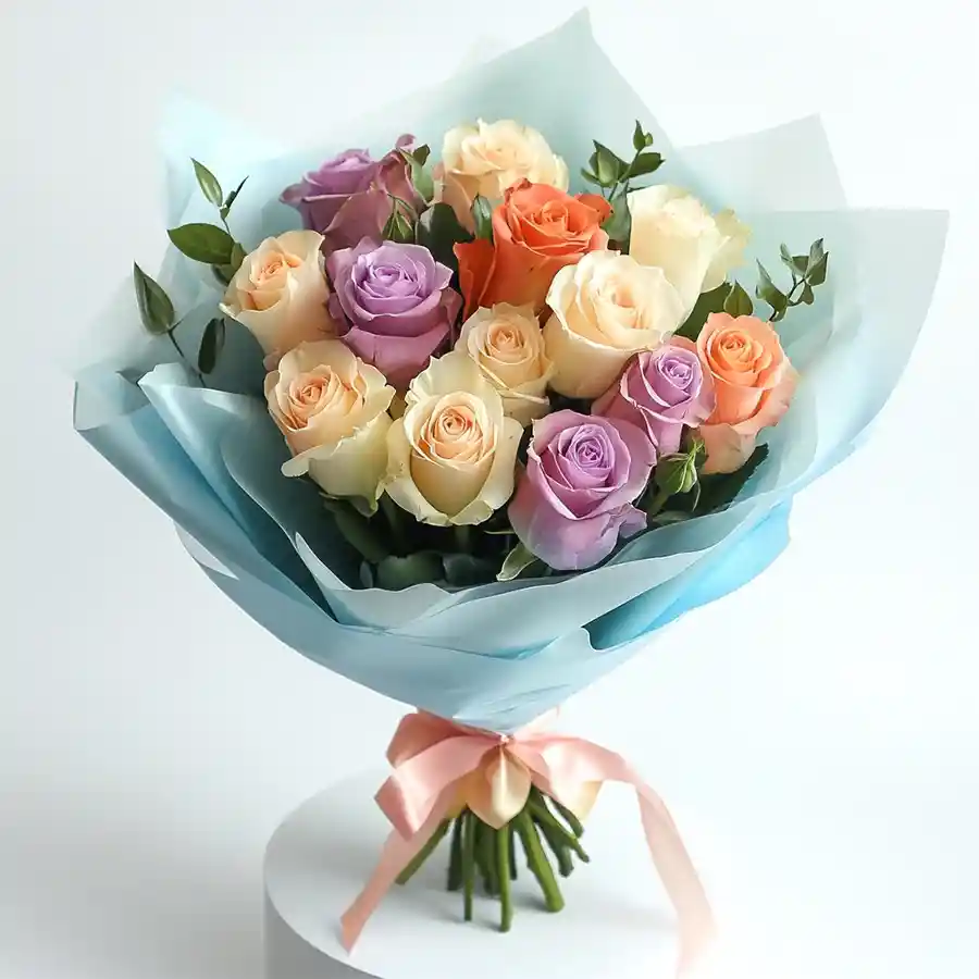 A vibrant bouquet of 15 colorful roses symbolizing affection and love.