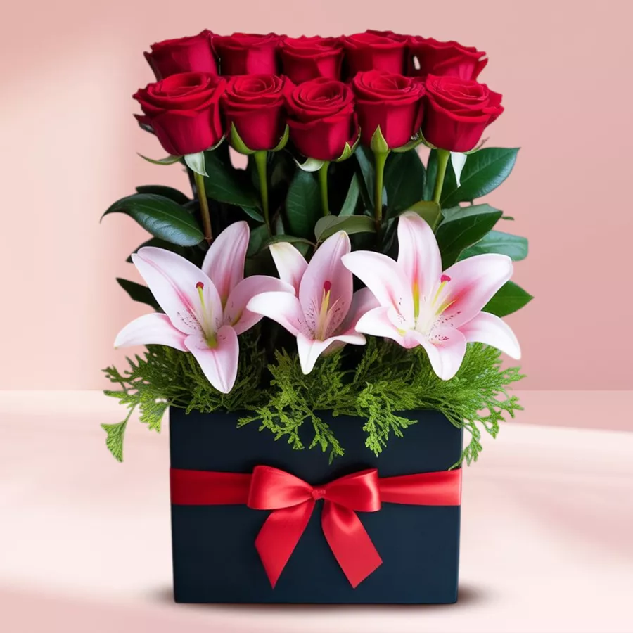 A beautiful gift box featuring 3 pink lilies and 12 red roses, symbolizing love and affection.