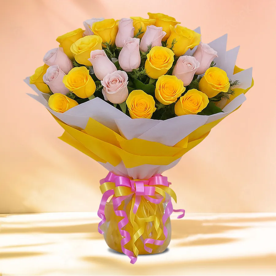 Luminous Flowers Bunch featuring 50 yellow and pink roses, wrapped in tissue for a 25th anniversary celebration.