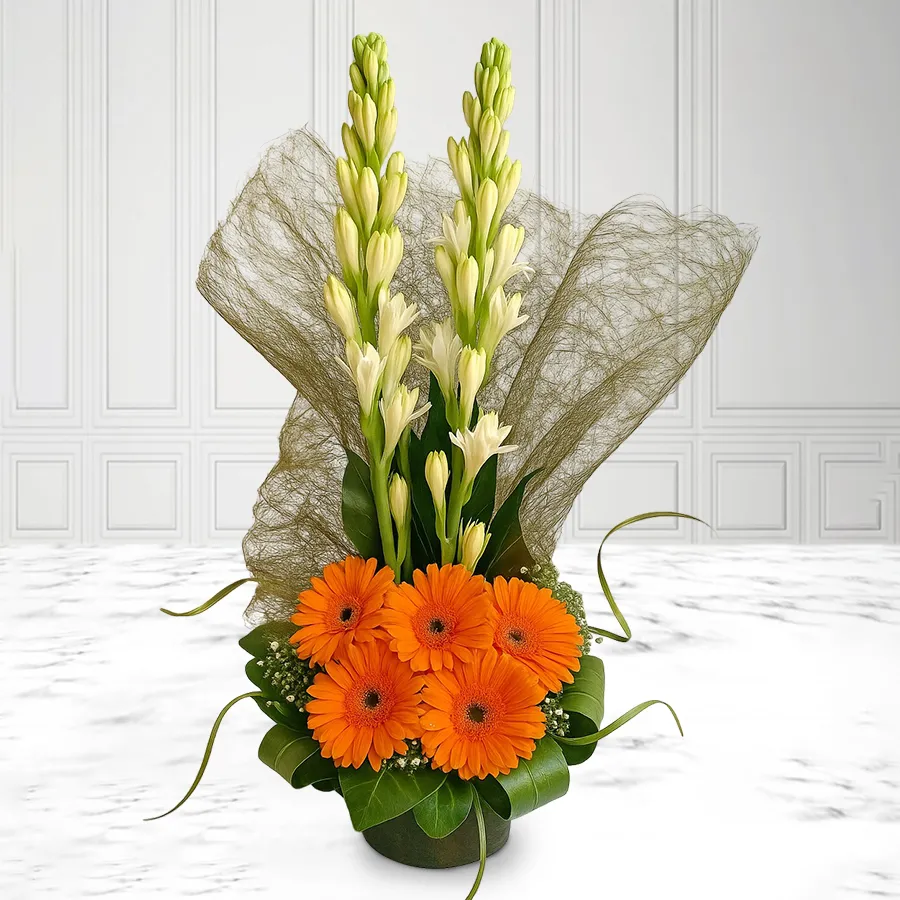 An artistic floral arrangement featuring 20 white tuberoses and bright orange gerberas, symbolizing joy and affection.