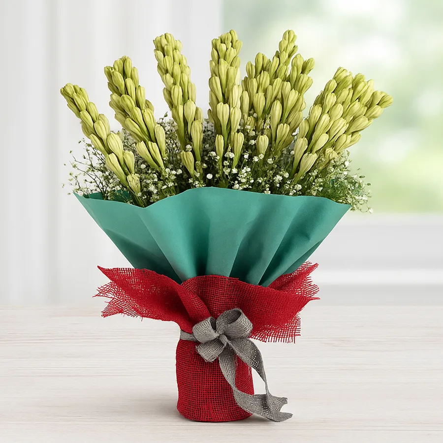 Exquisite hand bouquet of 12 tuberoses wrapped in elegant tissue.