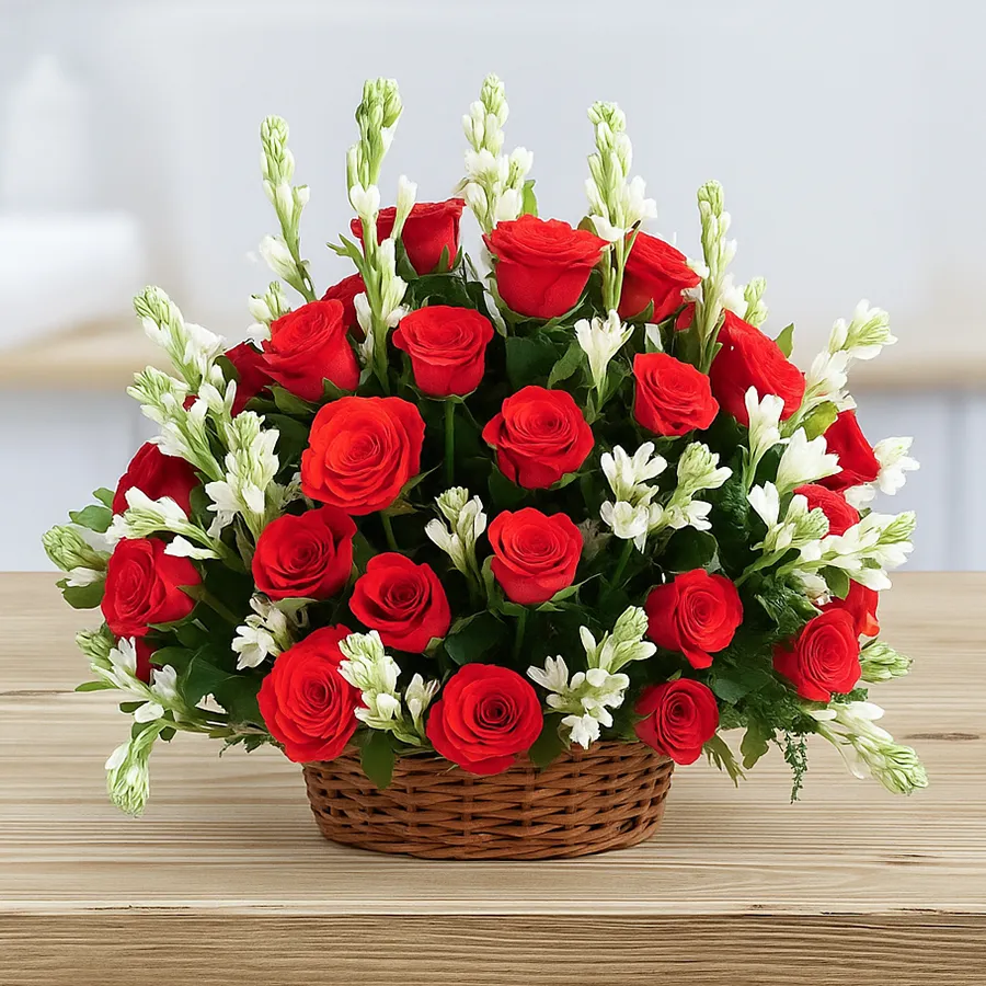 A beautiful basket arrangement featuring 50 red roses and 25 tube roses, symbolizing love and cherished moments.
