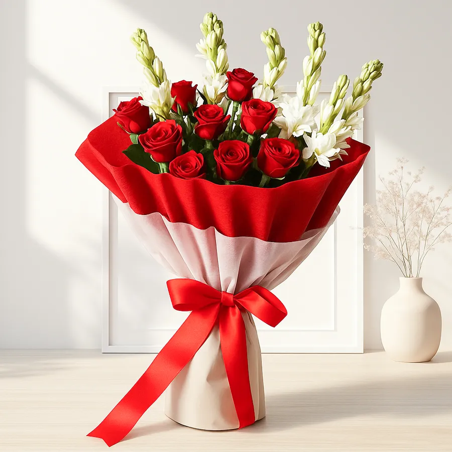Heartfelt bouquet featuring red roses and white tuberose, elegantly wrapped in tissue.