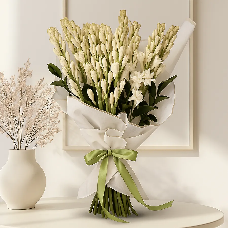 Aromatic 10pc Rajnigandha Hand Bouquet wrapped in elegant tissue.
