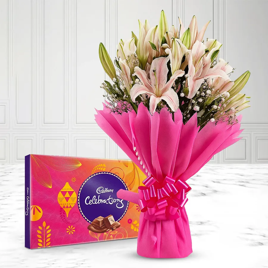 Amusing bouquet of 5 lilies and 8 gladiolus with Cadbury Celebration Pack.