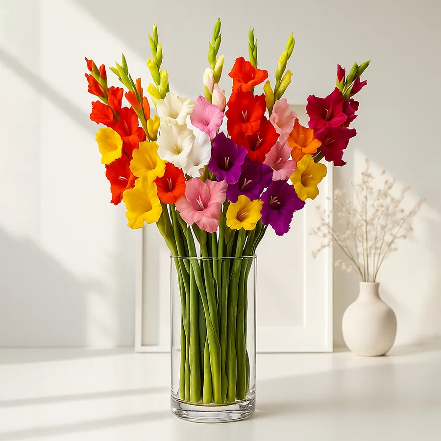 A vibrant arrangement of 10 assorted gladiolus in a sleek glass vase, perfect for expressing love and joy.
