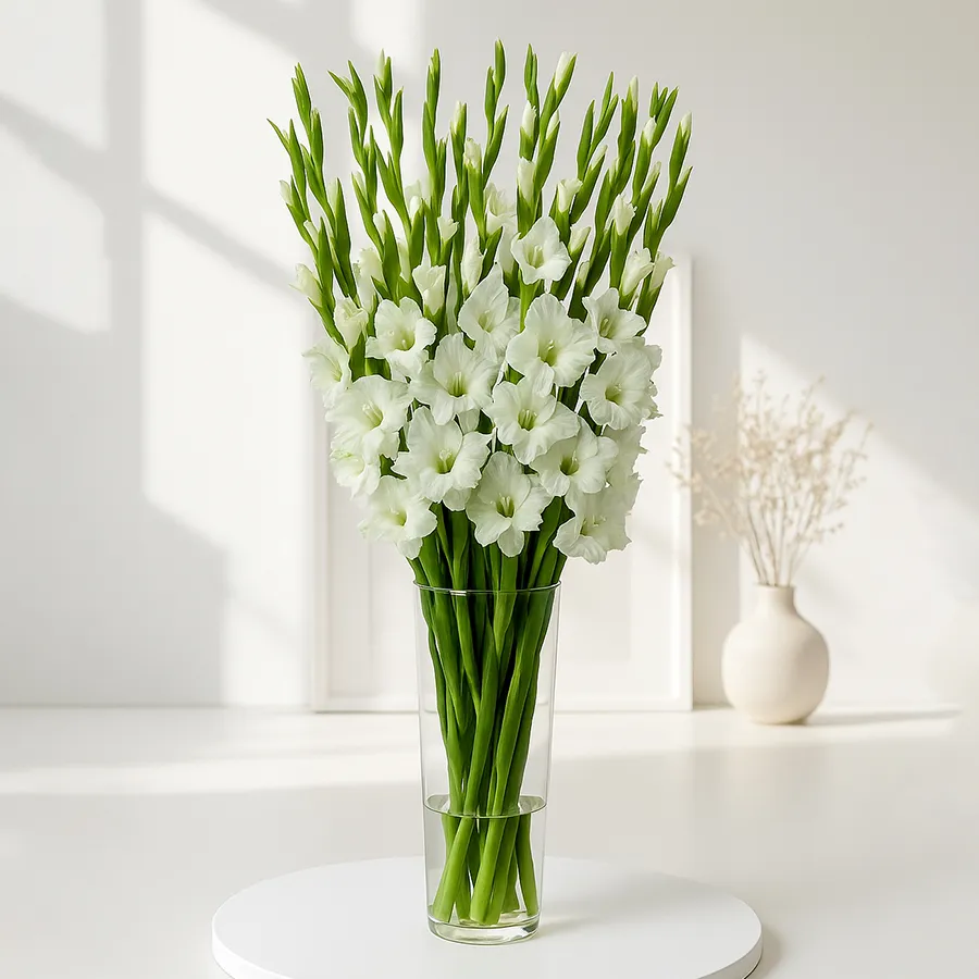 A beautiful arrangement of 15 white gladiolus in a sleek glass vase, perfect for enhancing any space.