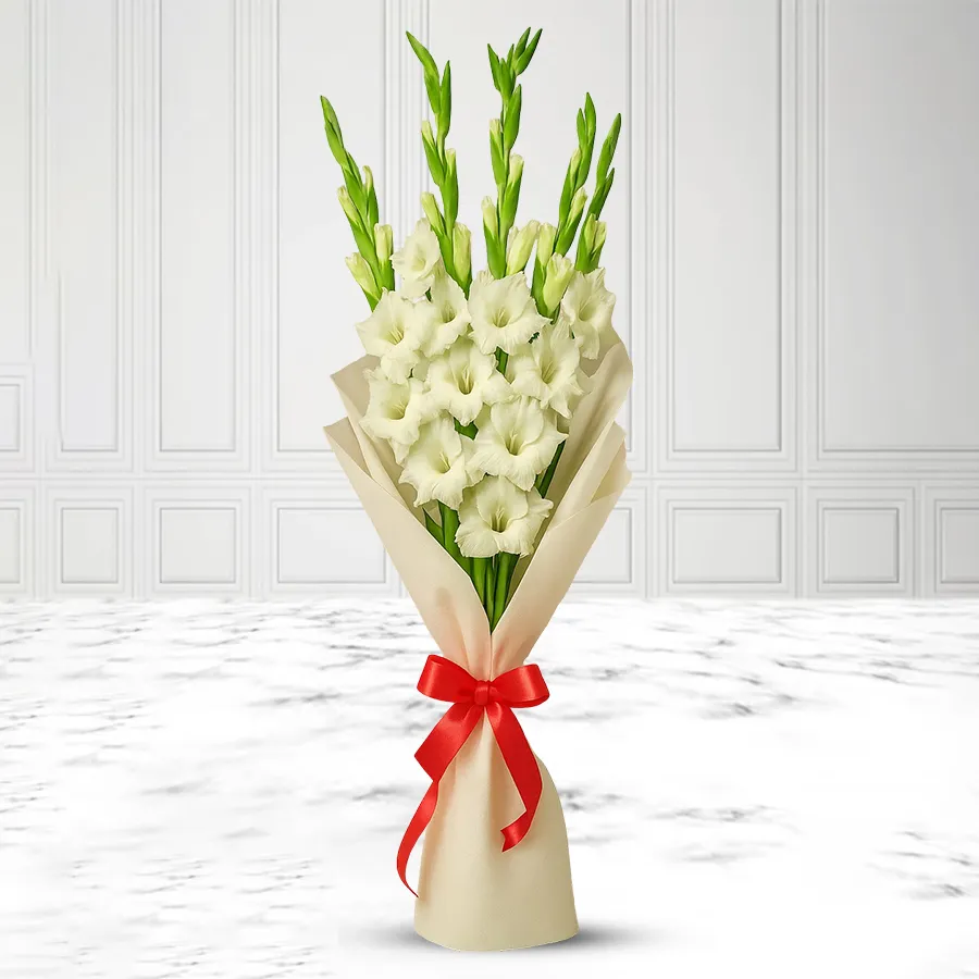 Beautiful bouquet of 10 white gladiolus flowers, perfect for gifting.
