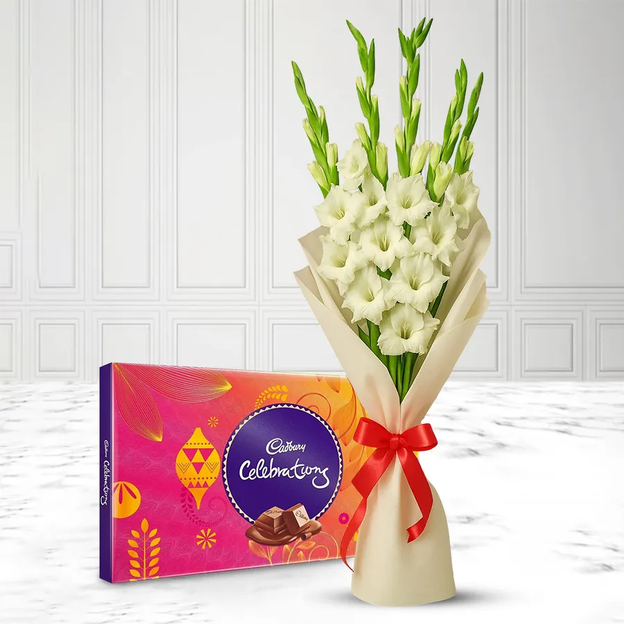 Beautiful 10-piece White Gladiolus Bouquet with Cadbury Celebration Pack, perfect for gifting.