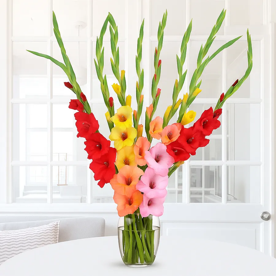 Vibrant mixed color gladiolus in a glass vase, perfect for gifting.