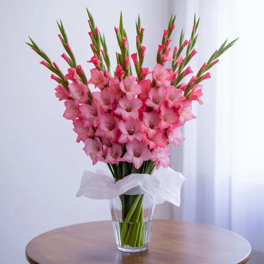 A beautiful bouquet of 20 pink gladiolus flowers paired with two pieces of Cadbury Dairy Milk Silk chocolate.