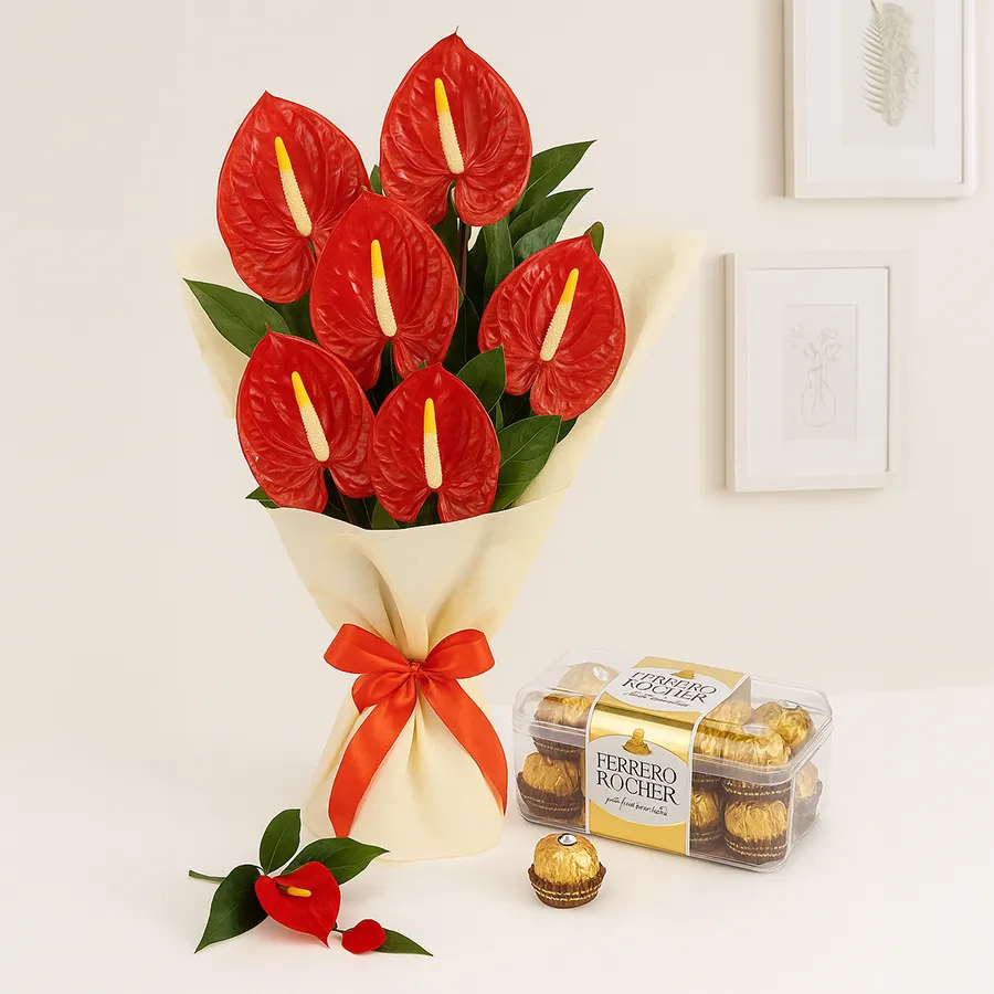 Enchanting red Anthurium bouquet with Ferrero Rocher chocolates.