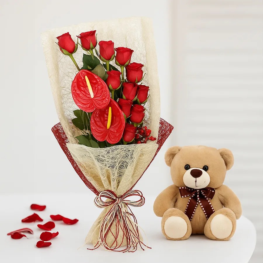 Enchanting Red Roses with Teddy