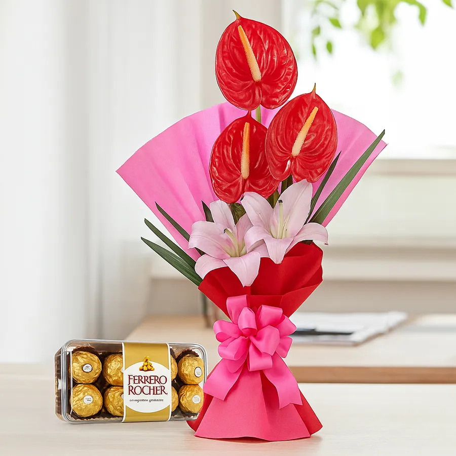Romantic Anthuriums and Chocolates Delight