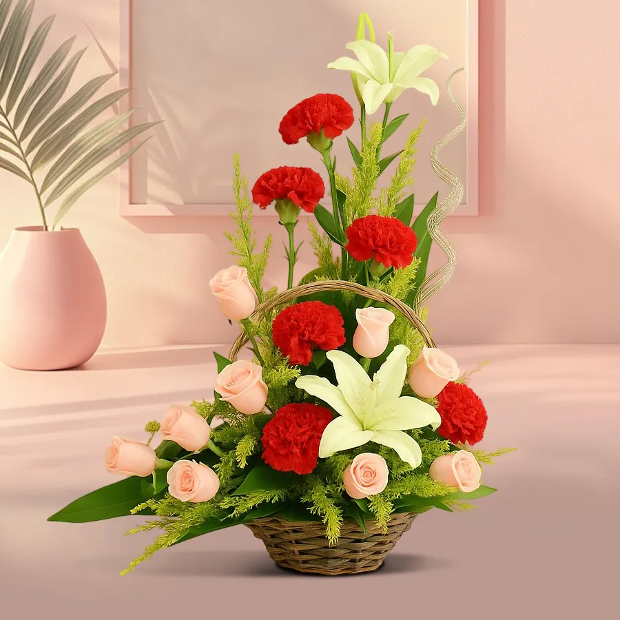 A vibrant basket featuring 20 mixed flowers, including pink roses, red carnations, and white lilies, ideal for special occasions and heartfelt gifts.