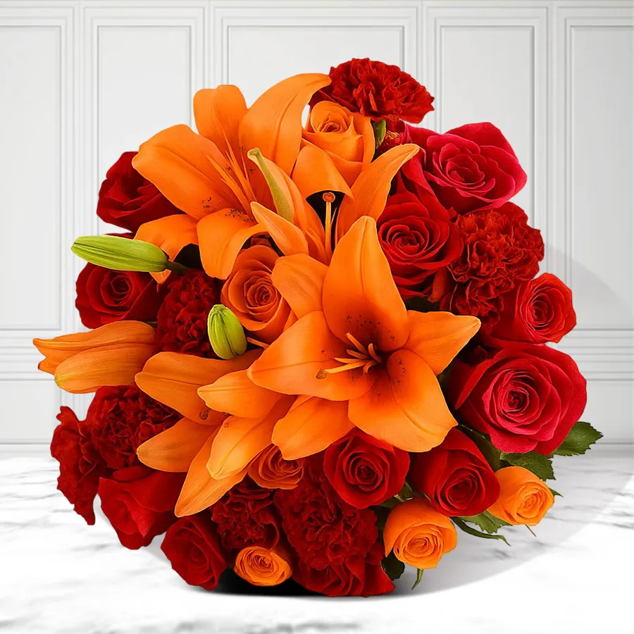 30 vibrant roses and carnations in red and orange hues, perfect for expressing love and affection in a beautiful bouquet.