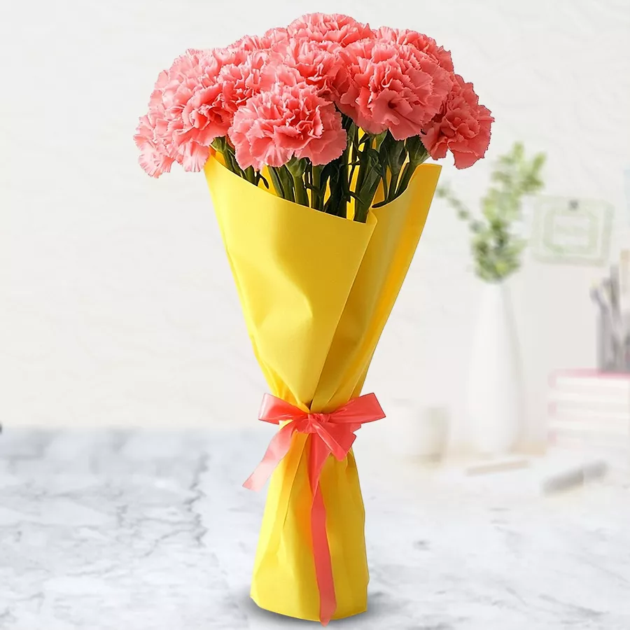 Bouquet of 12 pink carnations elegantly wrapped in tissue.