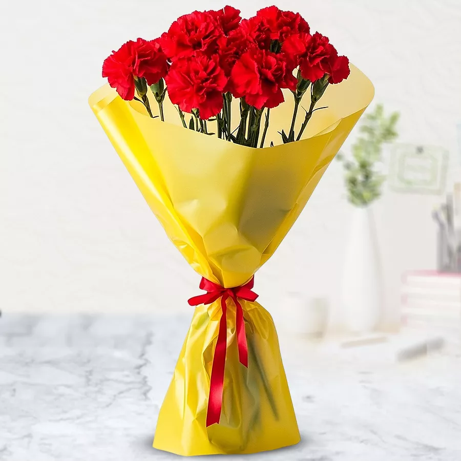 12 vibrant red carnations arranged beautifully in tissue, symbolizing love and affection.