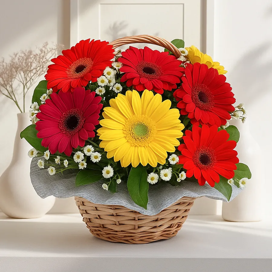 Cheerful bouquet featuring 12 assorted gerberas in vibrant colors.