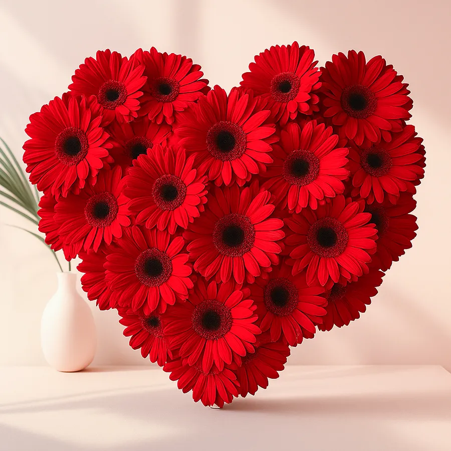 Heart-shaped arrangement featuring 24 vibrant red gerberas, symbolizing love and affection.