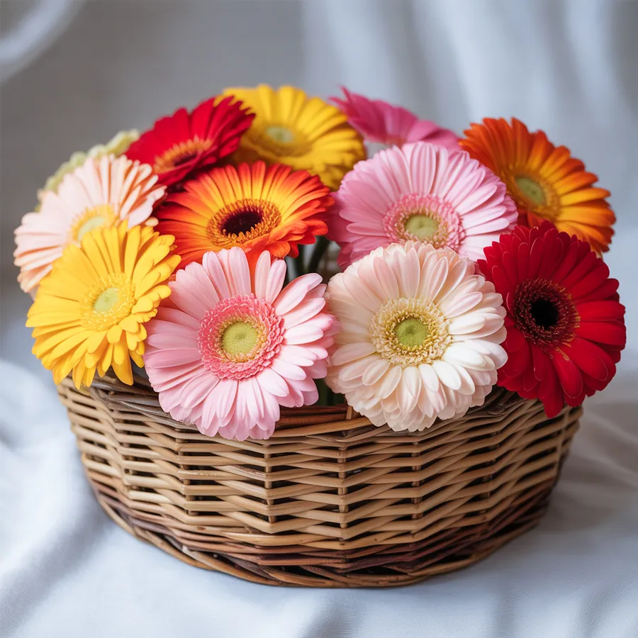 A vibrant basket filled with 12 colorful Gerberas, symbolizing love and joy.