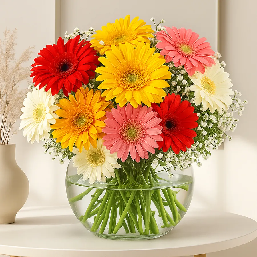 A cheerful arrangement of 15 mixed gerberas in a glass vase, perfect for gifting and spreading joy.