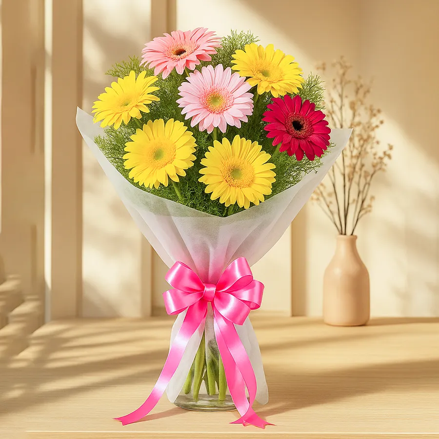 Dazzling mixed gerbera bouquet featuring 12 vibrant blooms, beautifully wrapped in netting. Ideal for celebrations and gifting.