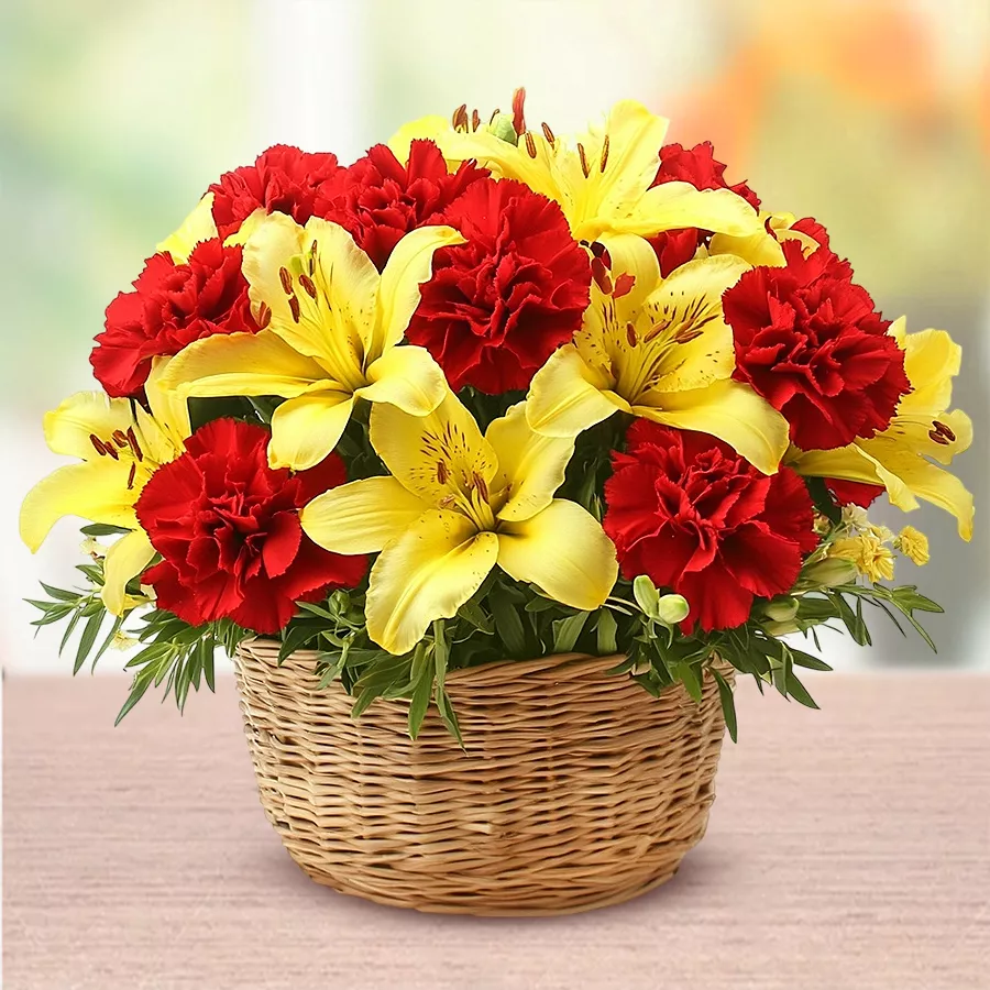 A vibrant bouquet featuring 12 red carnations and 5 yellow lilies, elegantly arranged for a stunning floral gift.