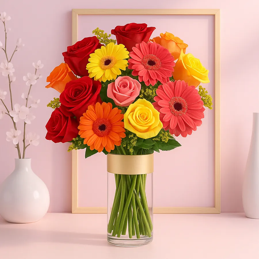 Vibrant long stem mixed flowers in a glass vase, featuring roses and gerberas.