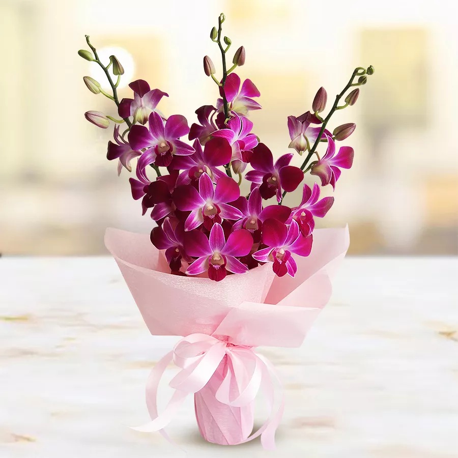 Enchanting Orchid Love Bouquet featuring 8 vibrant orchids, ideal for expressing love and affection.