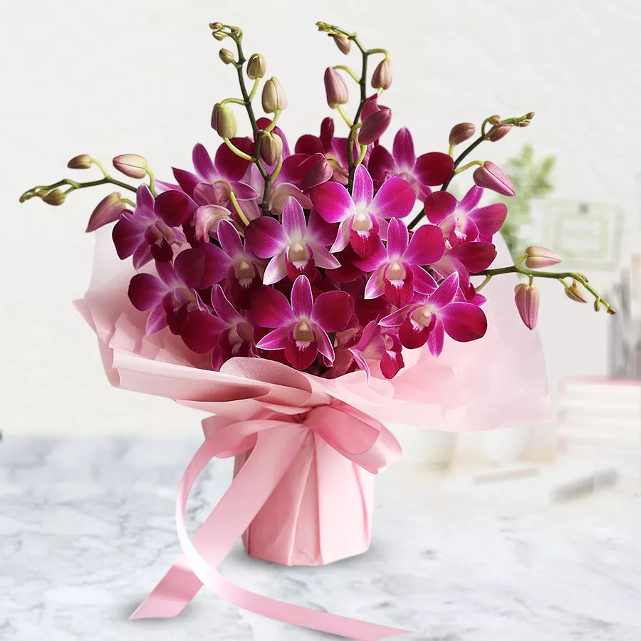 A vibrant bouquet featuring 12 beautiful orchids, ideal for special occasions and spreading joy.