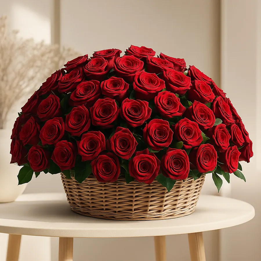 Beautiful arrangement of 50 red roses in a charming basket.