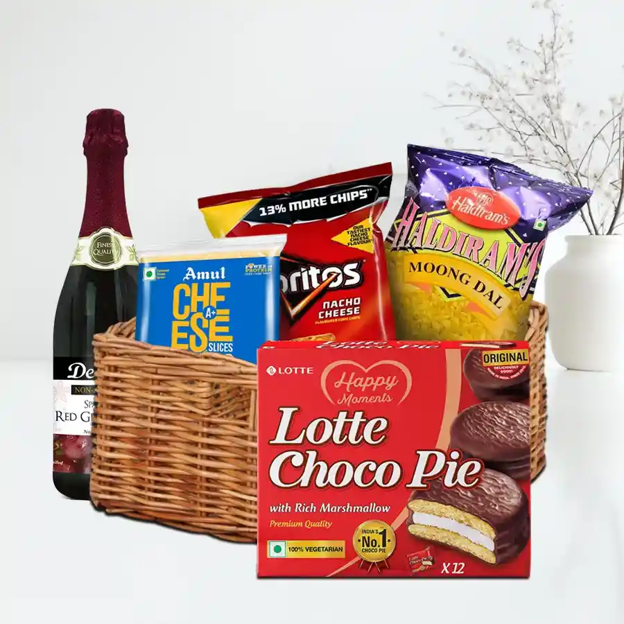 Lavish Fruit Wine Gift Delight featuring gourmet snacks and a sparkling wine.