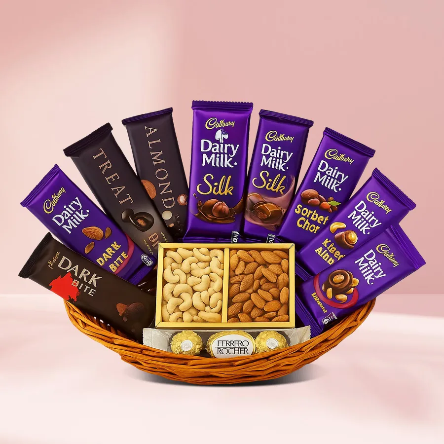 Divine Chocolate Delight Hamper featuring assorted chocolates and dry fruits, ideal for gifting and special occasions.