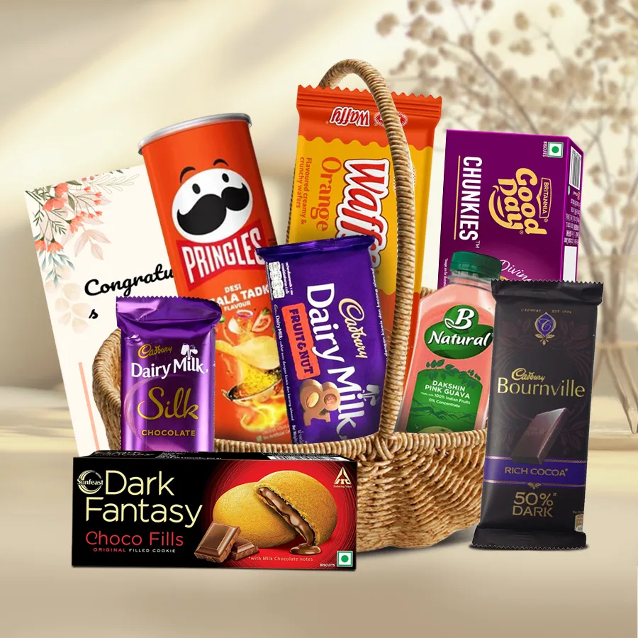 Savory Treats Delight Gift Basket filled with cookies, chips, chocolates, and more, perfect for gifting and celebrating special moments.