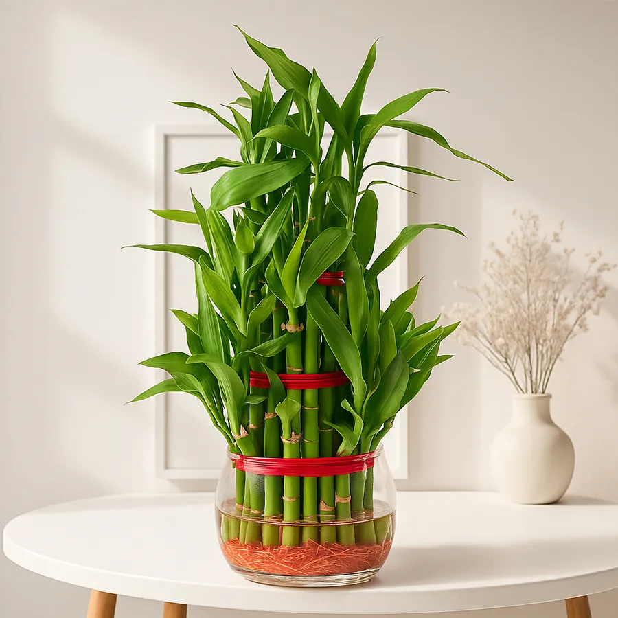 2 Tier Lucky Bamboo set in a stylish glass pot, perfect for housewarming gifts.
