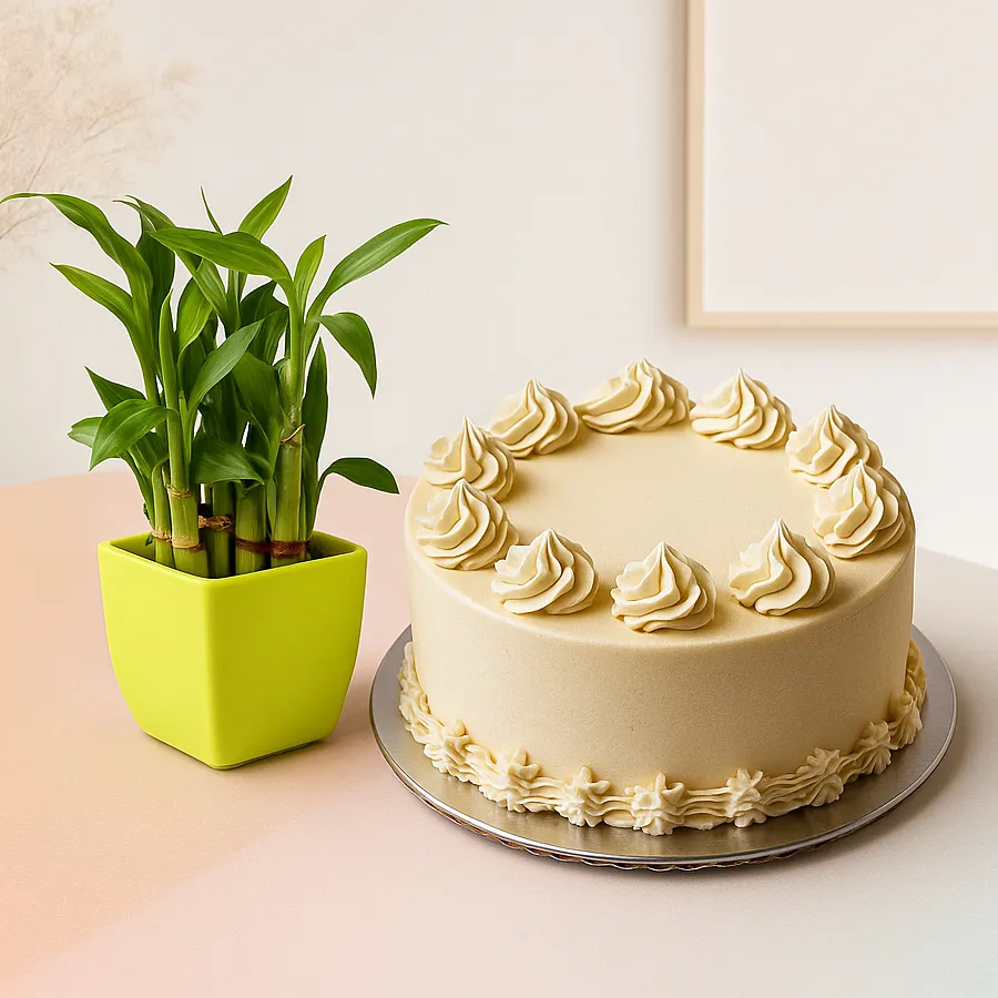 Two-tier lucky bamboo plant in a pot with a vanilla cake.