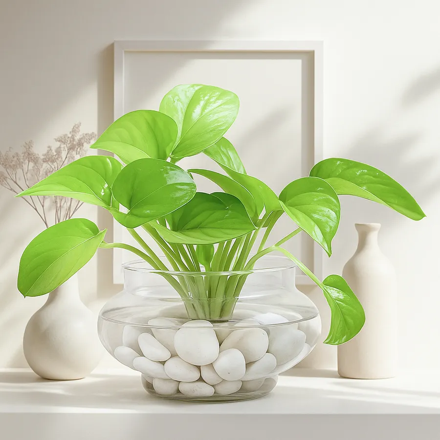 Elegant green money plant in a glass vase for gifting.