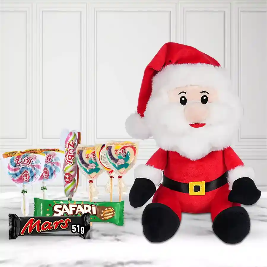 Santa Claus Chocolates Hamper featuring soft toys, lollipops, and chocolate bars arranged in a festive presentation.